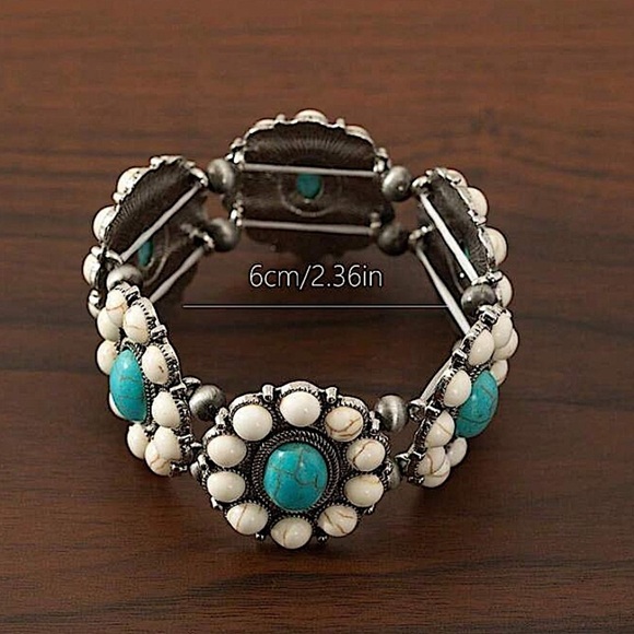 Western White & Turquoise Squash Blossom Post Bracelet - Picture 3 of 3